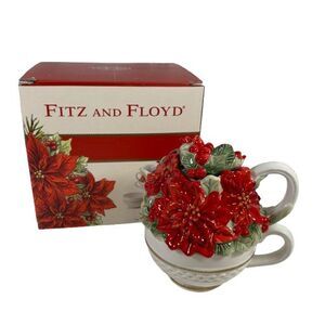 New Fitz & Floyd Poinsettia Santa Tea for One Teapot 49-357 2014 Macy's MRP $46